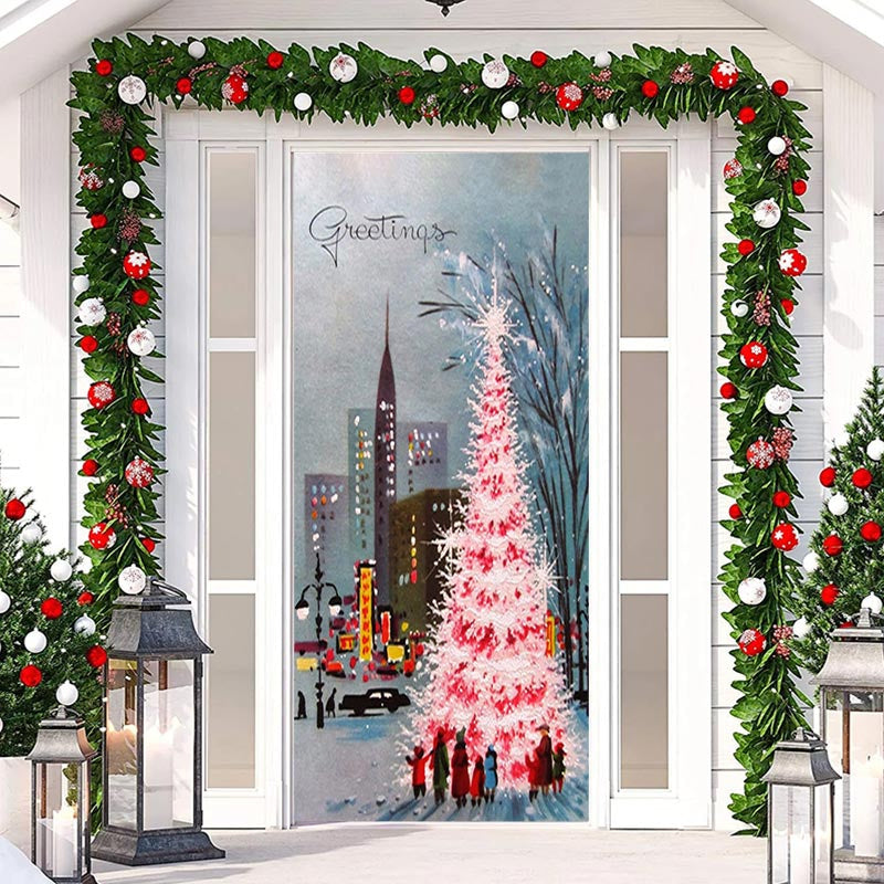 Aperturee - City Night View Tree Paint Door Cover For Christmas