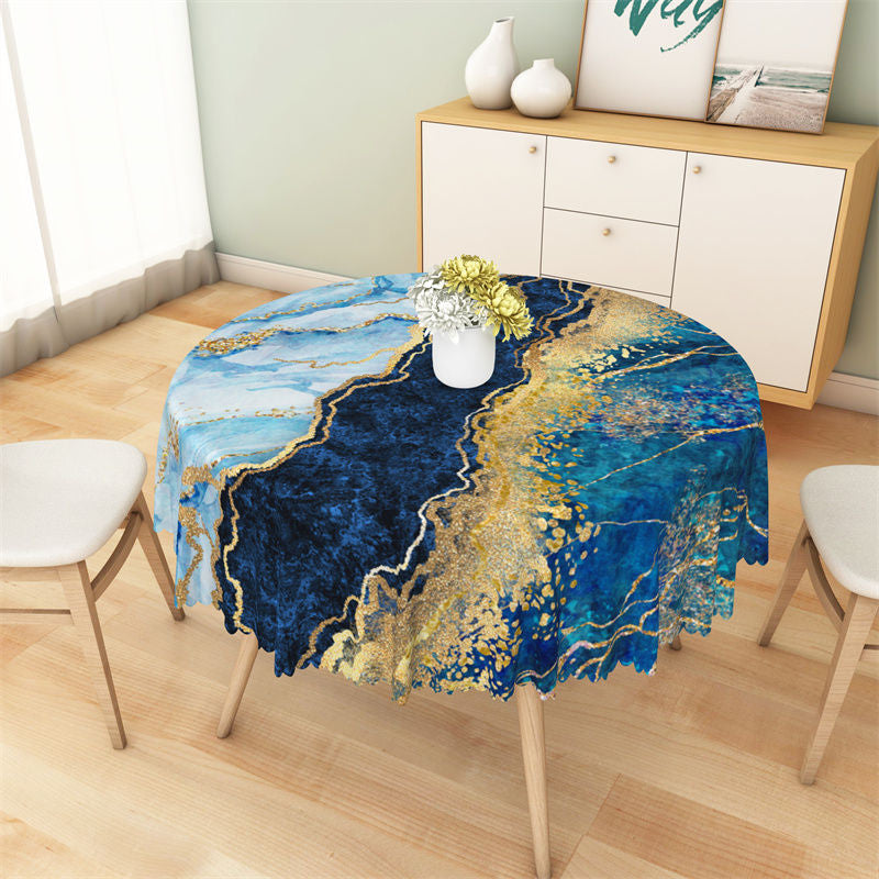 Aperturee - Classic Palace Blue Gold Marble Round Tablecloth