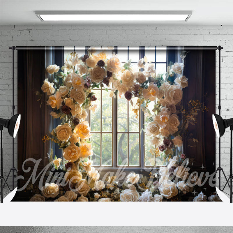 Aperturee - Clear Glass Window White Floral Arch Flower Backdrop