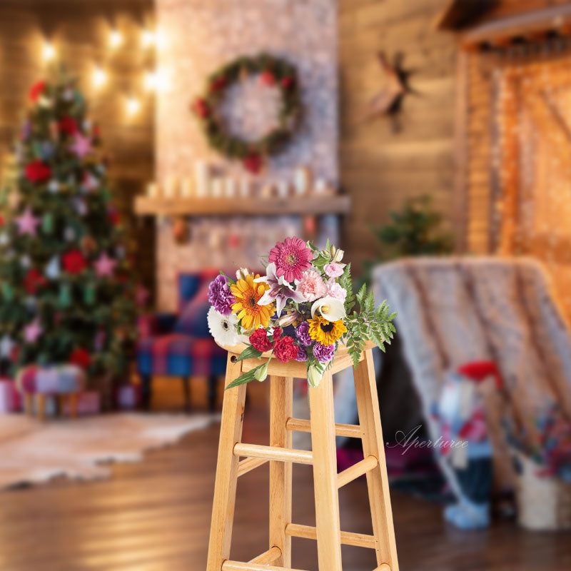 Aperturee - Wooden House Strip Light Tree Christmas Backdrop