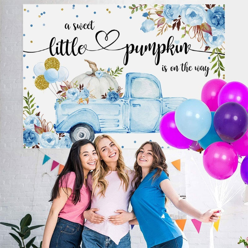 Aperturee Blue Car and Florals Pumpkin Baby Shower Backdrop