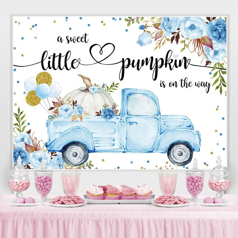 Aperturee Blue Car and Florals Pumpkin Baby Shower Backdrop