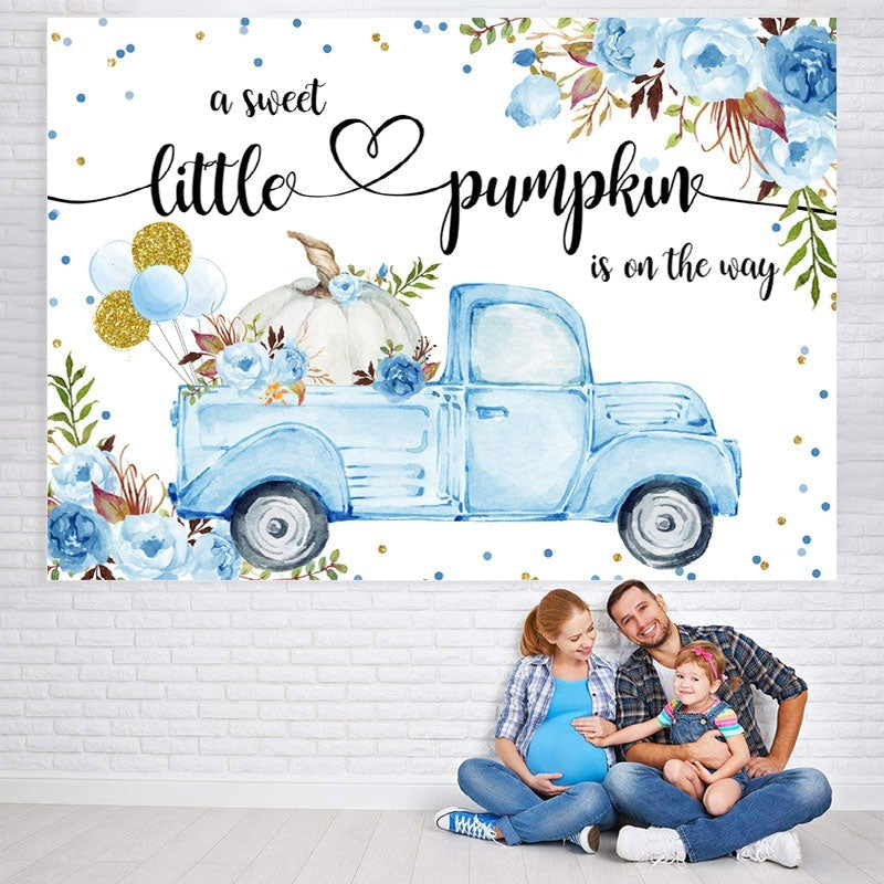 Aperturee Blue Car and Florals Pumpkin Baby Shower Backdrop