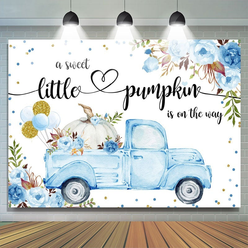 Aperturee Blue Car and Florals Pumpkin Baby Shower Backdrop