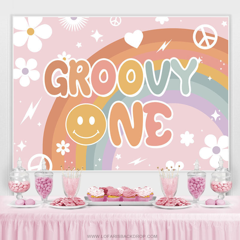 Aperturee (Clearance) White Floral And Rainbow Pink Groovy One Birthday Backdrop