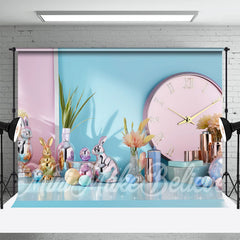 Aperturee - Clock Blue Wall Cute Rabbit Trinkets Easter Backdrop