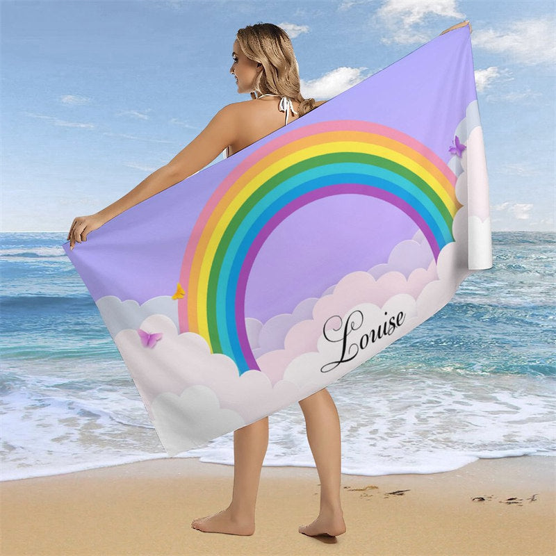 Aperturee - Clouds Rainbow Custom Girl Name Beach Towel