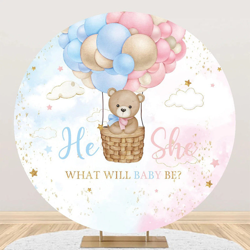 Aperturee - Clould Hot Balloon Bear Round Gender Reveal Backdrop