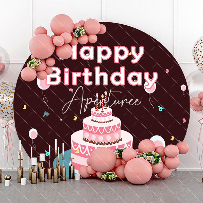 Aperturee - Coffee Brown Pink Pearl Cake Round Birthday Backdrop