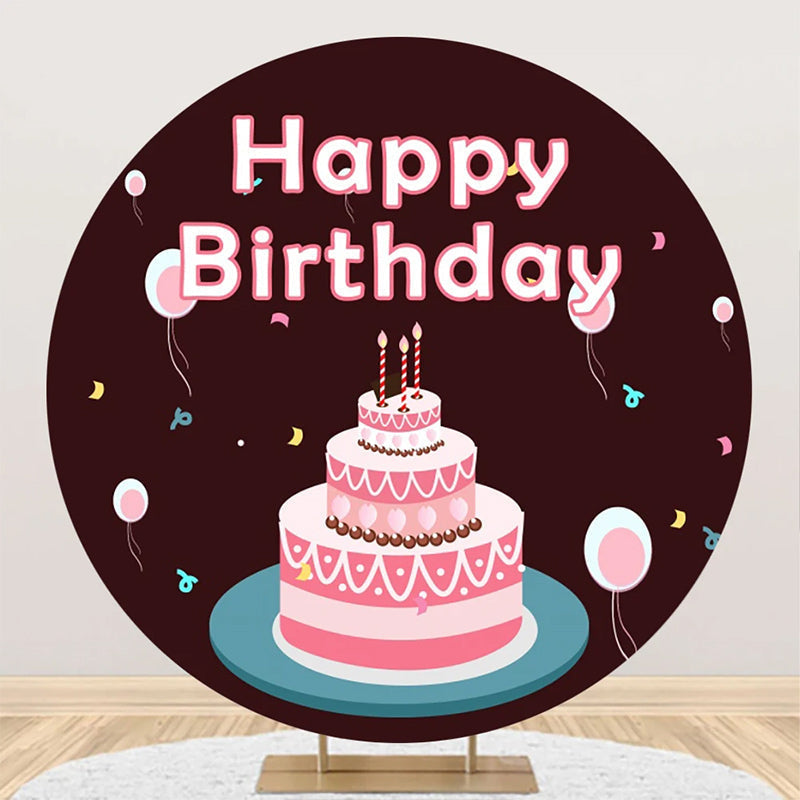 Aperturee - Coffee Brown Pink Pearl Cake Round Birthday Backdrop