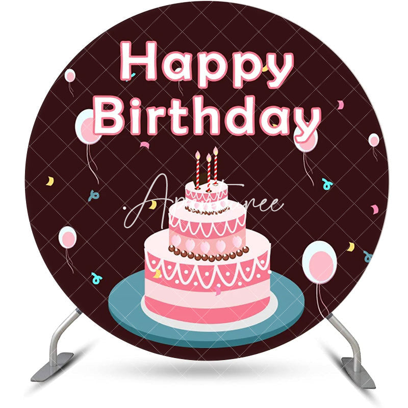 Aperturee - Coffee Brown Pink Pearl Cake Round Birthday Backdrop