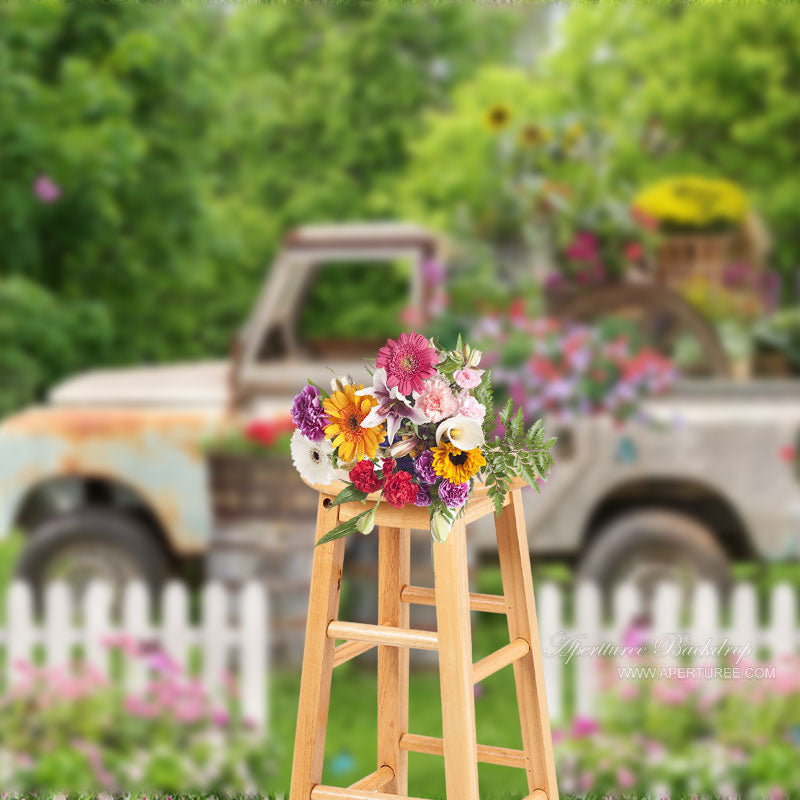 Aperturee - Color Floral Trees Old Truck Spring Picture Backdrop