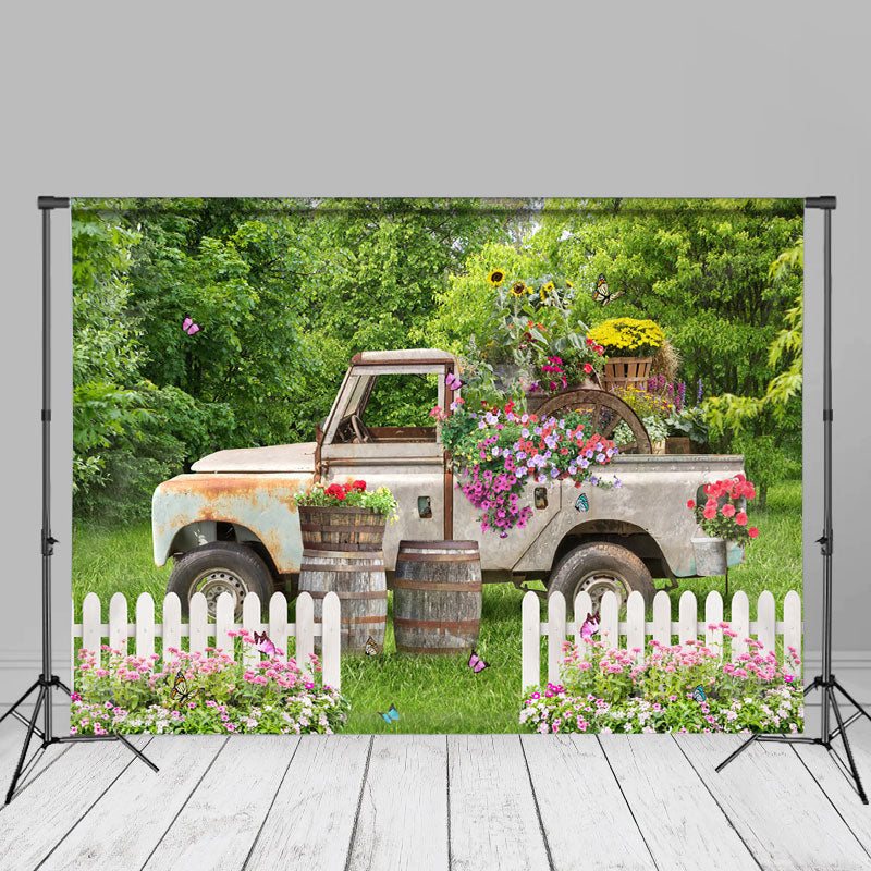 Aperturee - Color Floral Trees Old Truck Spring Picture Backdrop