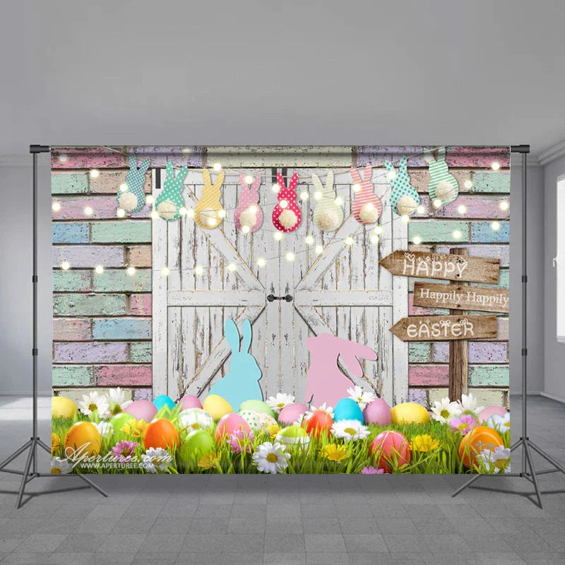 Aperturee - Color Rabbit Egg Brick Wall Happy Easter Backdrop