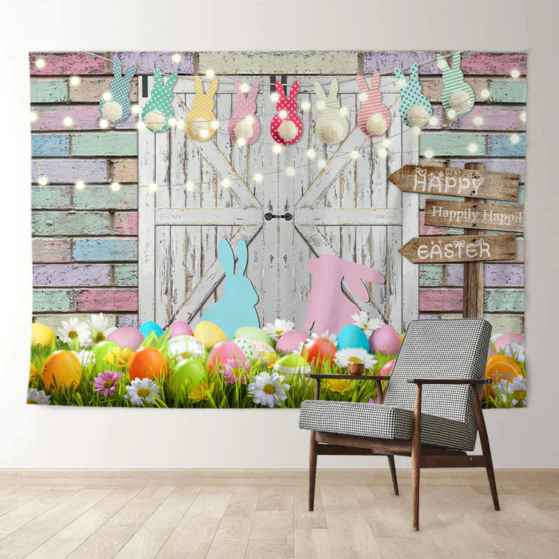 Aperturee Color Rabbit Egg Brick Wall Happy Easter Backdrop