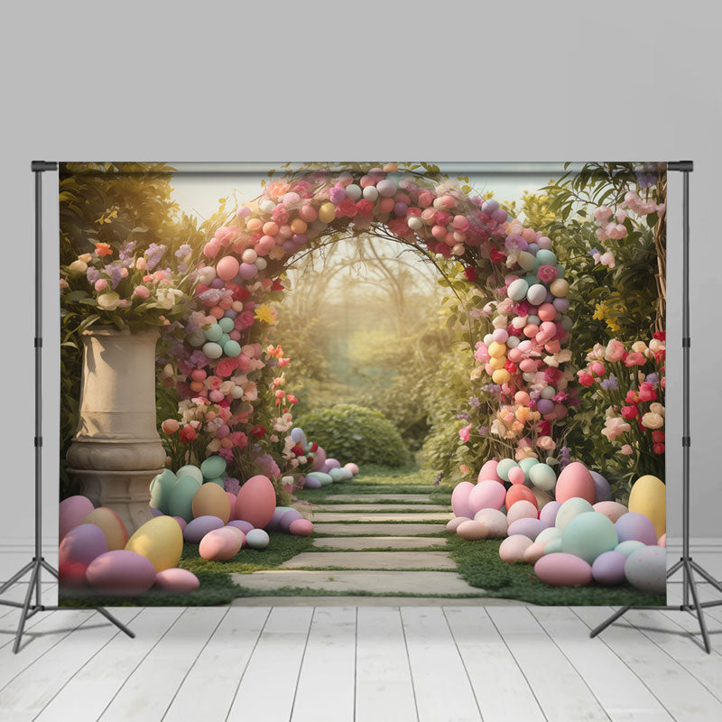 Aperturee - Colored Eggs Flower Arch Door Grass Easter Backdrop