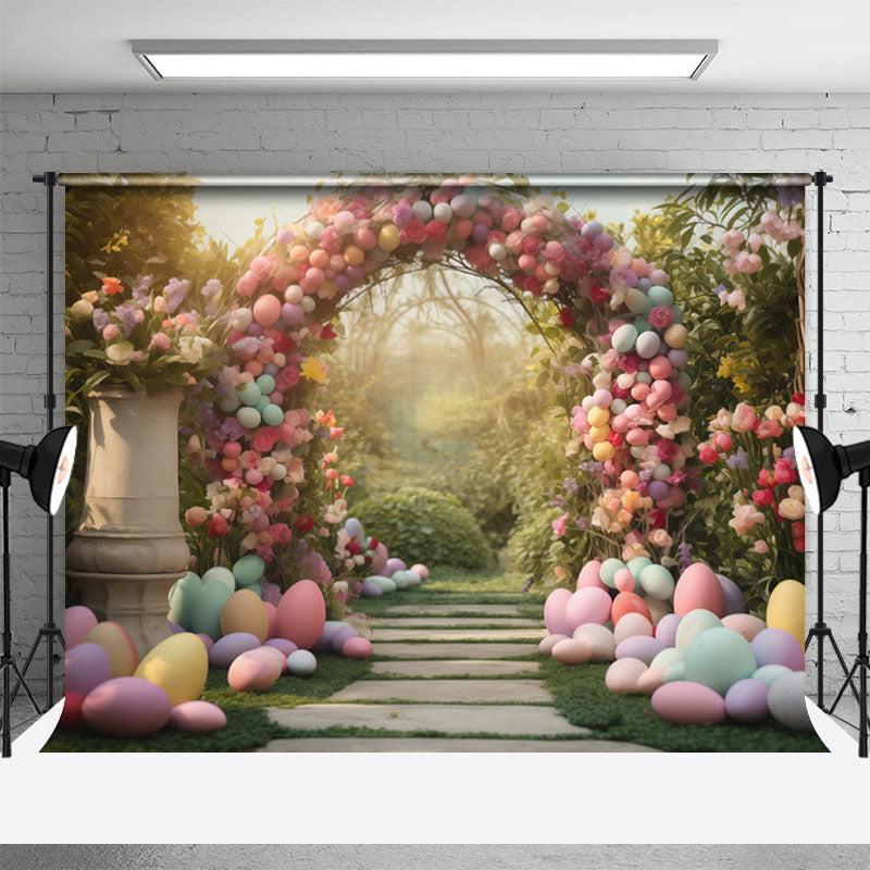 Aperturee - Colored Eggs Flower Arch Door Grass Easter Backdrop