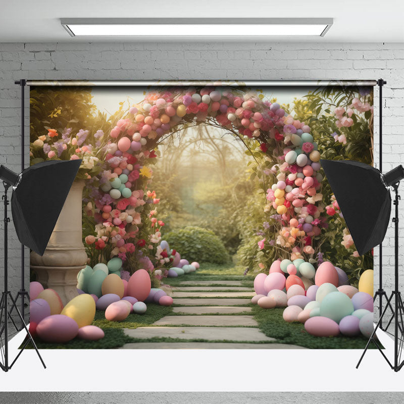 Aperturee - Colored Eggs Flower Arch Door Grass Easter Backdrop