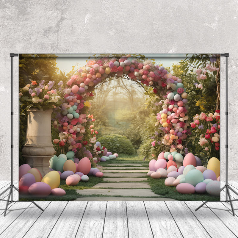 Aperturee - Colored Eggs Flower Arch Door Grass Easter Backdrop