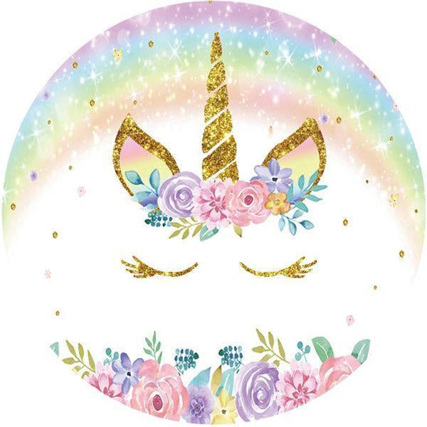 Aperturee Colored Flower Unicorn Round Happy Birthday Backdrop