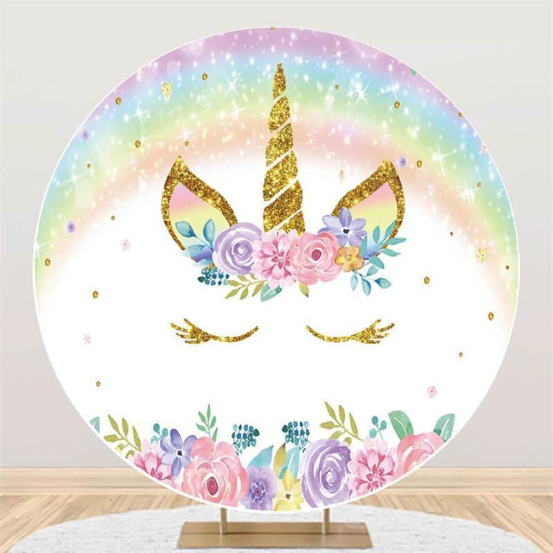 Aperturee Colored Flower Unicorn Round Happy Birthday Backdrop