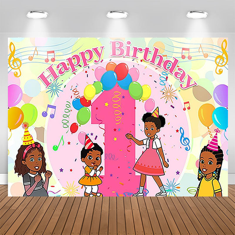 Aperturee - Colored Music Balloon 1st Birthday Backdrop For Girl