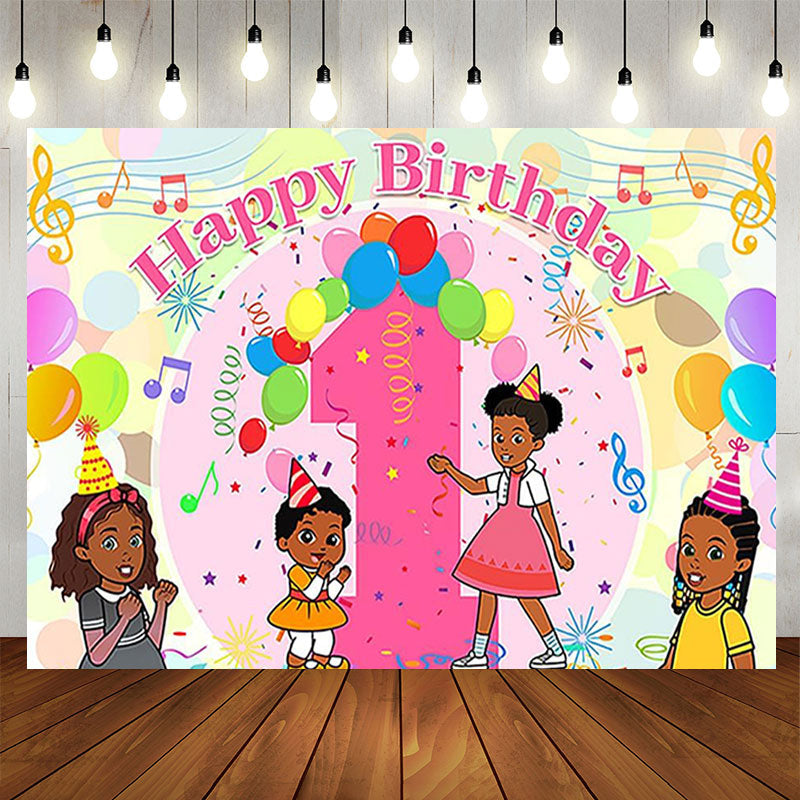 Aperturee - Colored Music Balloon 1st Birthday Backdrop For Girl