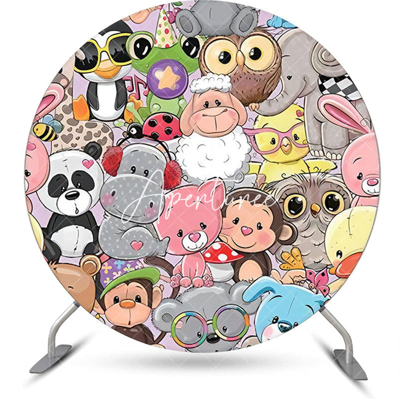 Aperturee - Colorful Assorted Animals Round Baby Shower Backdrop