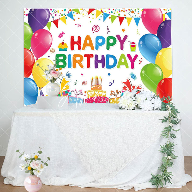 Aperturee - Colorful Balloons Gifts Cake Happy Birthday Backdrop