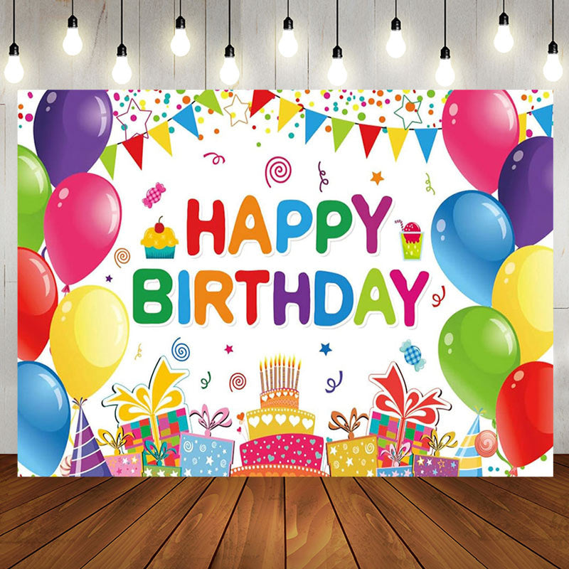 Aperturee - Colorful Balloons Gifts Cake Happy Birthday Backdrop