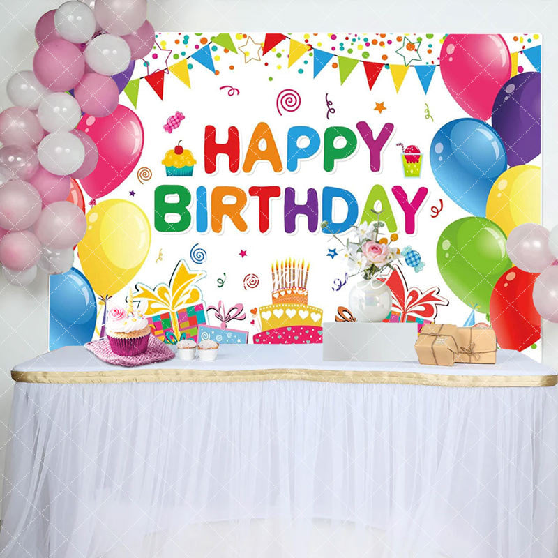 Aperturee - Colorful Balloons Gifts Cake Happy Birthday Backdrop