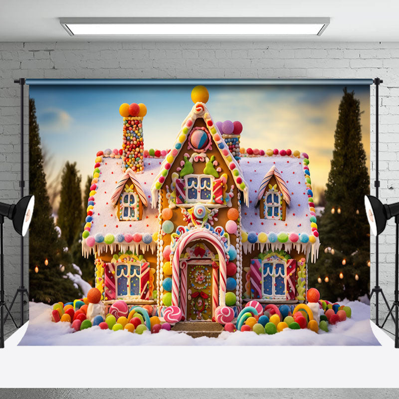 Aperturee - Colorful Candyland House Snowy Field Winter Backdrop