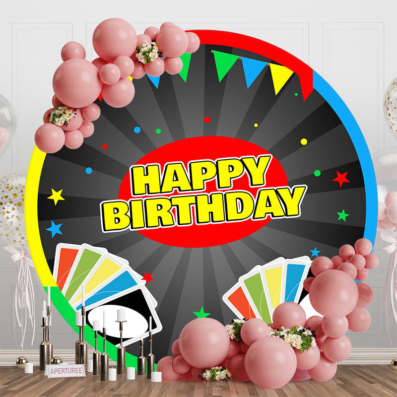 Aperturee - Colorful Cards Stripe Round Happy Birthday Backdrop