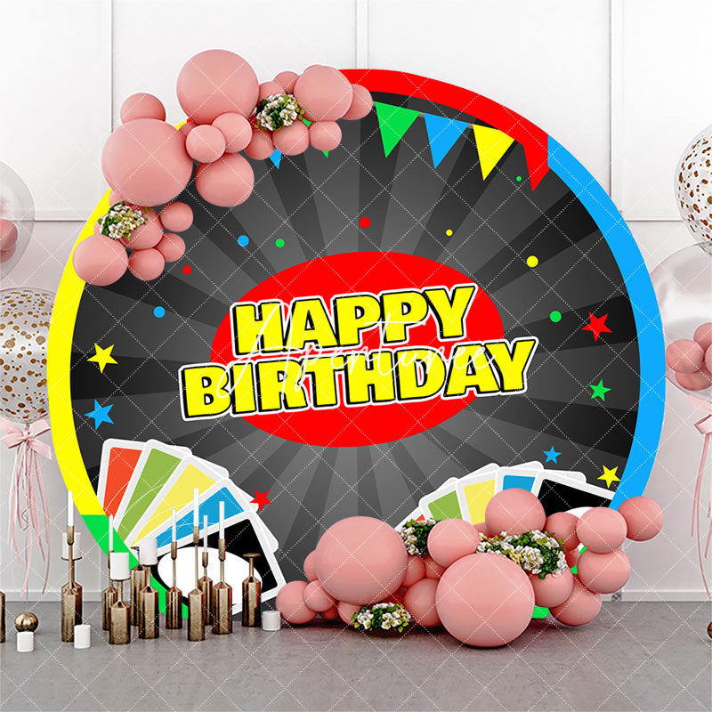 Aperturee - Colorful Cards Stripe Round Happy Birthday Backdrop