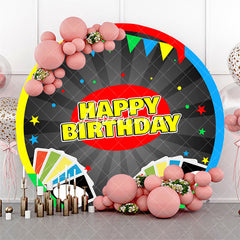 Aperturee - Colorful Cards Stripe Round Happy Birthday Backdrop