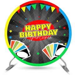 Aperturee - Colorful Cards Stripe Round Happy Birthday Backdrop