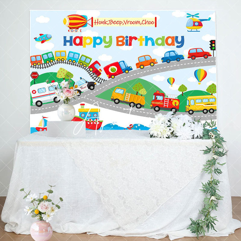 Aperturee - Colorful Cars Shipping Road Happy Birthday Backdrop