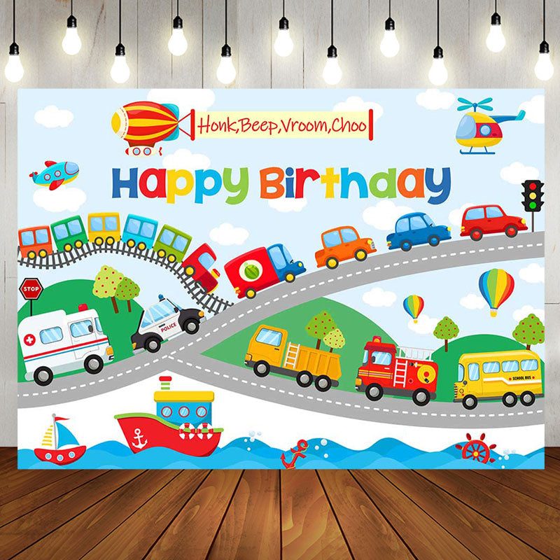 Aperturee - Colorful Cars Shipping Road Happy Birthday Backdrop