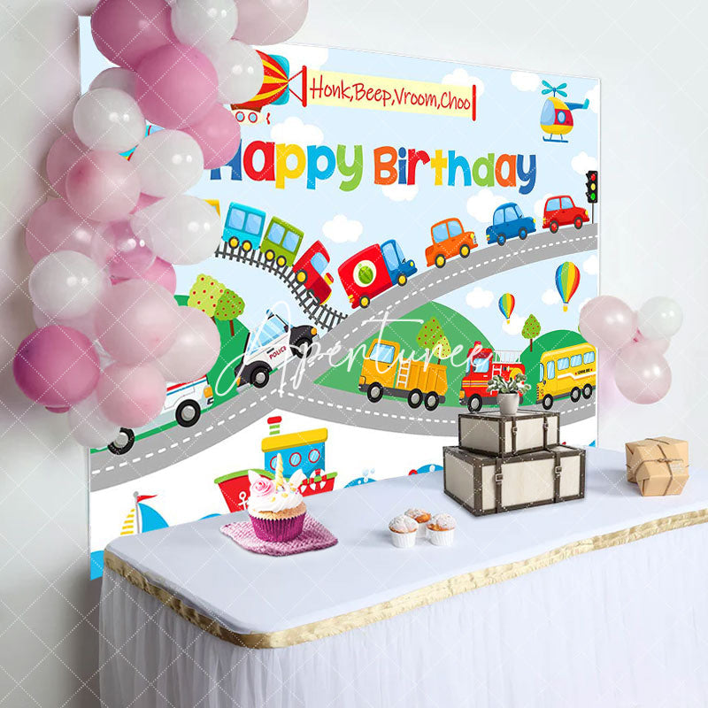 Aperturee - Colorful Cars Shipping Road Happy Birthday Backdrop