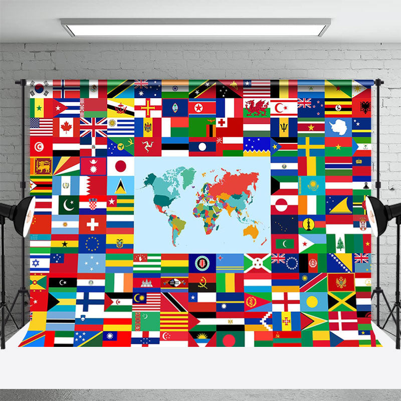 Aperturee - Colorful Country Flag World Map Plaid Party Backdrop