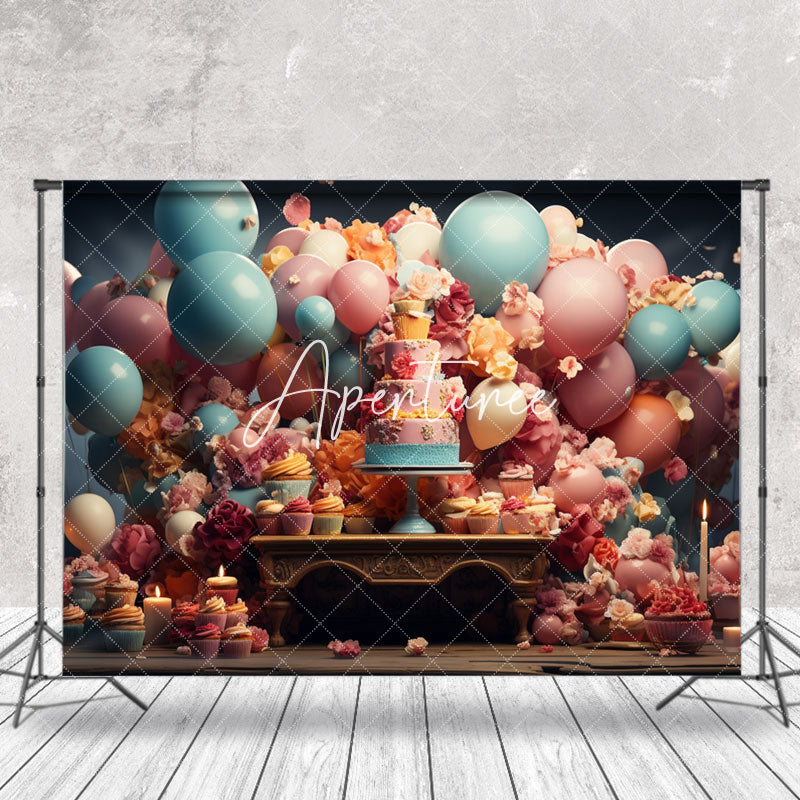 Aperturee - Colorful Cup Cake Balloon Floral Backdrop For Photo