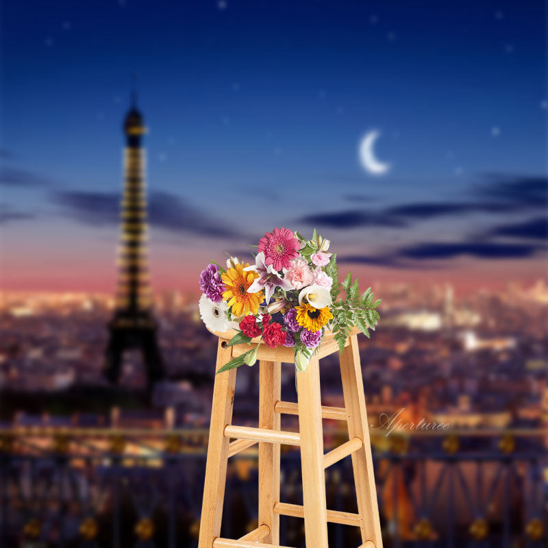 Aperturee - Eiffel Tower City Light Moon Night New Year Backdrop