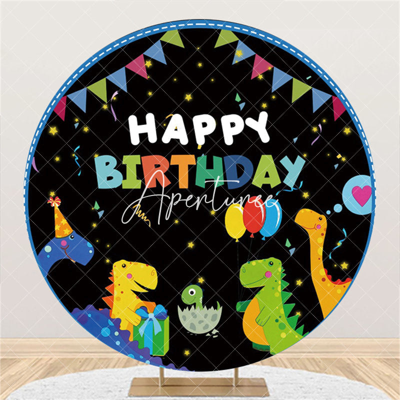 Aperturee Colorful Dinosaur Flags Round Happy Birthday Backdrop