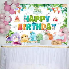 Aperturee - Colorful Dinosaur Monstera Cake Birthday Backdrop