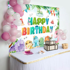 Aperturee - Colorful Dinosaur Monstera Cake Birthday Backdrop