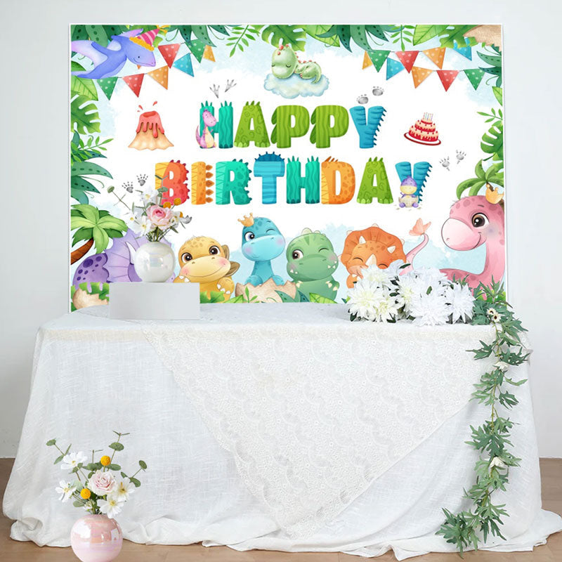 Aperturee - Colorful Dinosaur Monstera Cake Birthday Backdrop