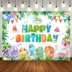 Aperturee - Colorful Dinosaur Monstera Cake Birthday Backdrop