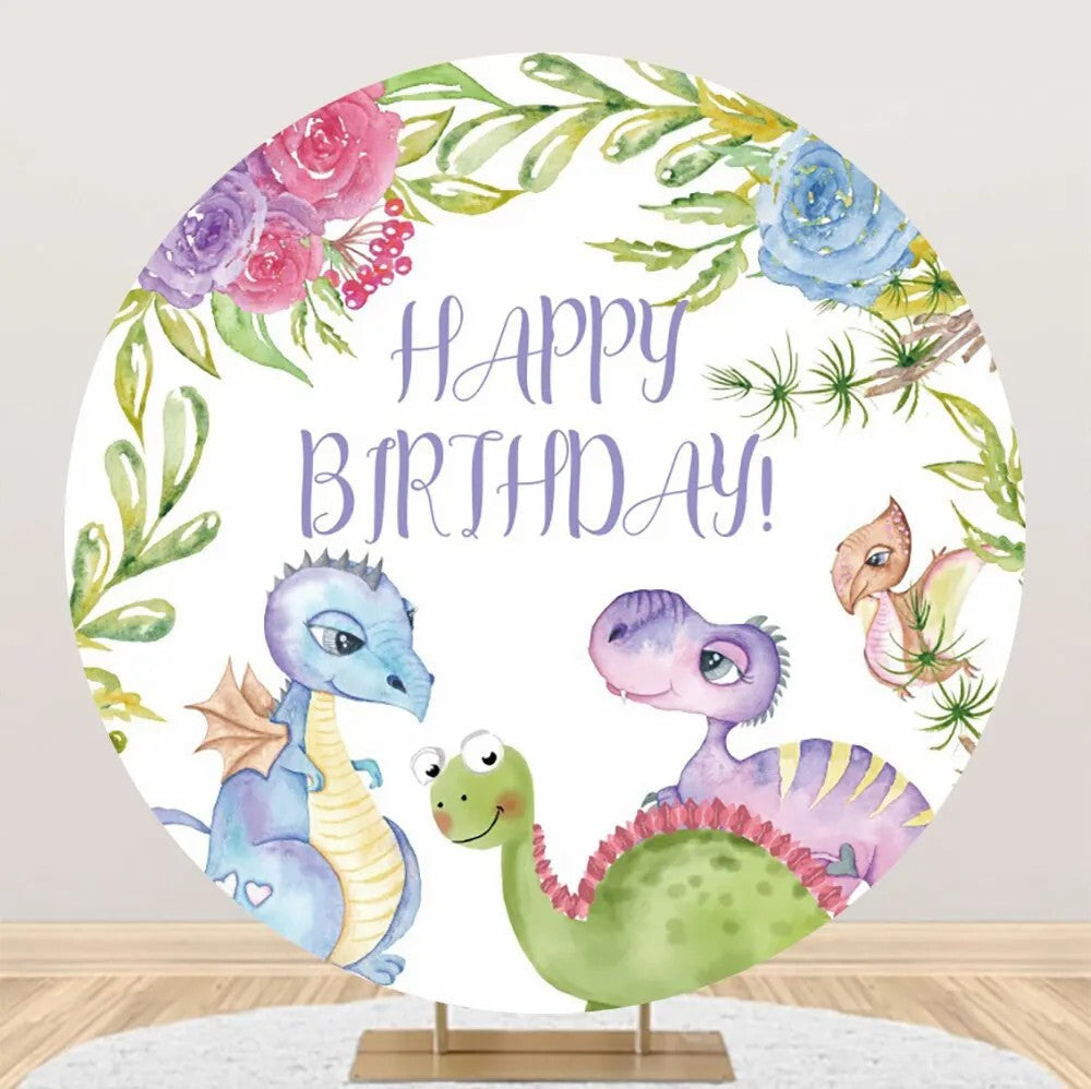 Aperturee - Colorful Dinosaurs Floral Round Birthday Backdrop