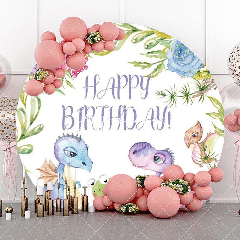 Aperturee - Colorful Dinosaurs Floral Round Birthday Backdrop