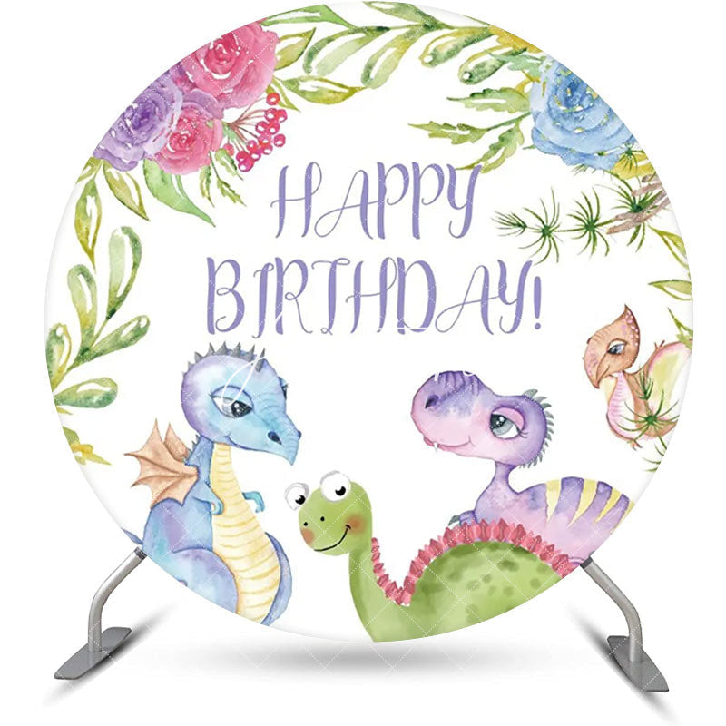 Aperturee - Colorful Dinosaurs Floral Round Birthday Backdrop